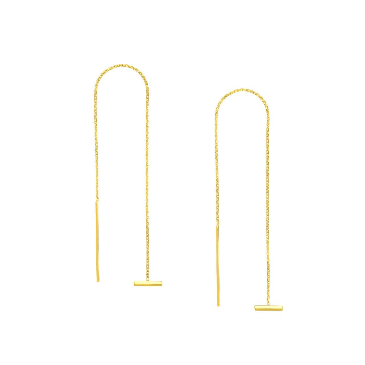 Bar Threader Earrings 14K Solid Yellow Gold Bar Chain Earrings for Women, Long Cable Chain Drop Earrings, Minimalist Bar Thread Earrings