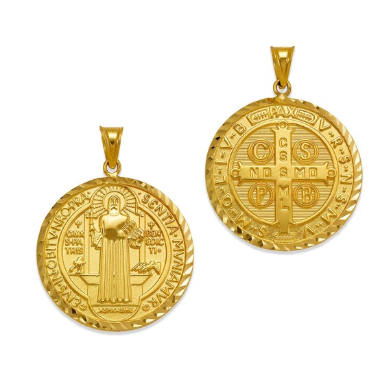 Massiver Gold Heiliger Benedikt Medaillon Anhänger: Doppelseitig 10k / 14k