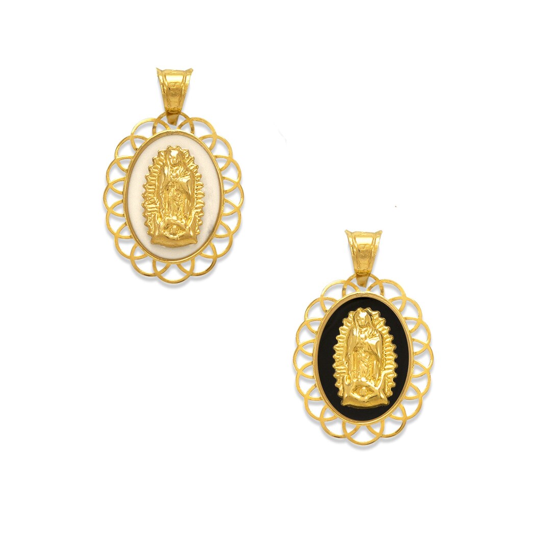 Virgin Mary Pendant 14K Solid Yellow Gold White Black Enamel Miraculous ...