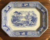 Antique 1842-67 English Ironstone 13 5 8 Serving Platter E. Challinor Lozere Blue Transferware Victorian Architecture Garden Scene Castle
