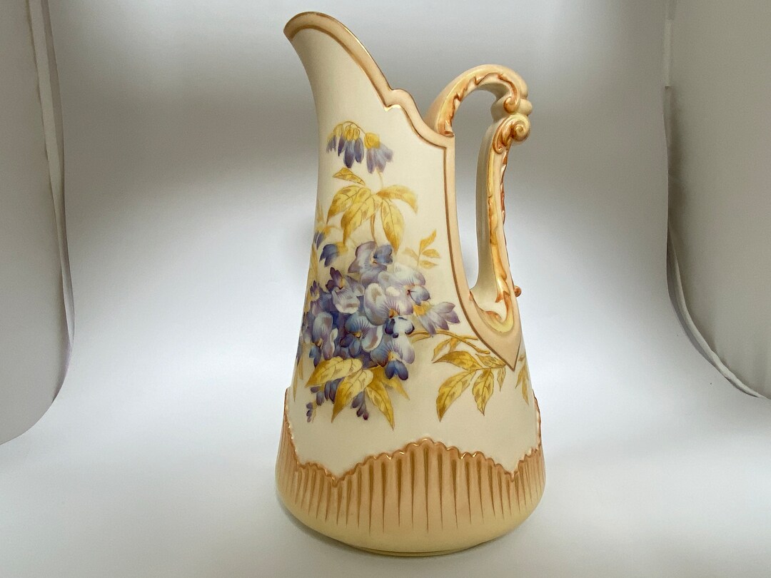 Antique 1892 Royal Worcester Hand Painted Gilt Large Pitcher Floral