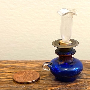 Vintage Blown Glass Dollhouse Miniature Oil Kerosene Hurricane Lamp Table Accessory Lighting Victorian 19th Century