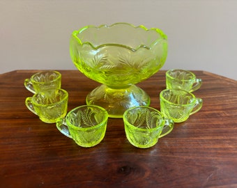 Antique Vaseline Glass Miniature Punch Bowl Set: Cambridge Inverted Strawberry Pattern