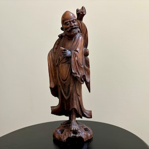 Antique 11 5/8" H Chinese Carved Wood Figure of Arhat/Luohan Disciple of Buddha