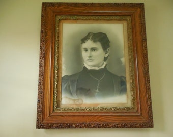 Antique Victorian Charcoal Portrait Beautiful Young Christian Woman in Ornate Quartersawn Oak Frame