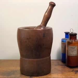 Antique Large 8 1/4&quot; H 18th C Wooden Mortar and Pestle with Brown Paint Apothecary Herbalist Primitive Kitchen Decor