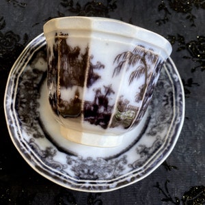 May include: A white porcelain teacup and saucer with a black and white floral pattern. The cup is octagonal and has a scalloped rim. The saucer has a scalloped edge and a floral design around the rim.