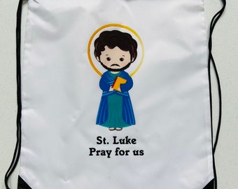 Saint Luke the Apostle White Polyester Drawstring Backpack/ cinch bag.  Catholic saints.