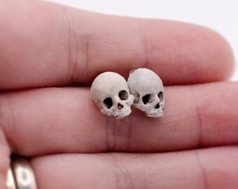 Super Tiny Realistic Human Skull Handmade Earring Studs, Gothic Horror Spooky Jewelry