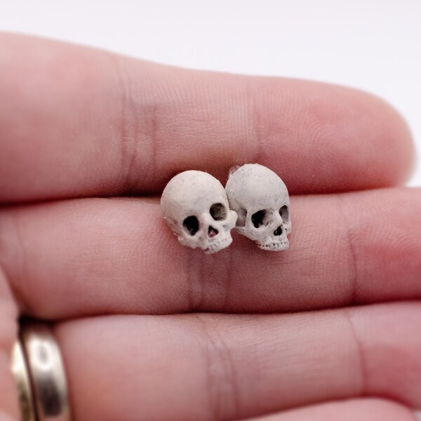 Super Tiny Realistic Human Skull Handmade Earring Studs, Gothic Horror Spooky Jewelry