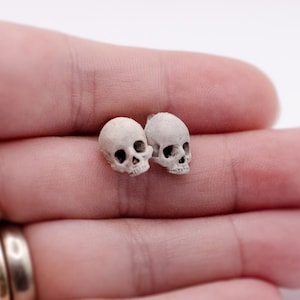 Super Tiny Realistic Human Skull Handmade Earring Studs, Gothic Horror Spooky Jewelry