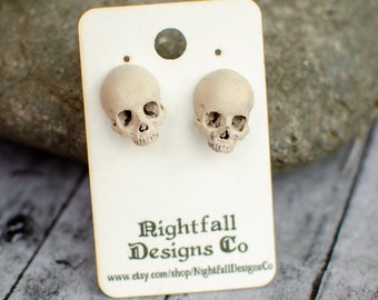 Tiny Realistic Skull Earrings: Handmade Halloween Jewelry
