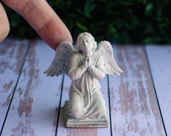Handmade Miniature Cemetery Kneeling Angel Statue, Worn Tombstone Figure