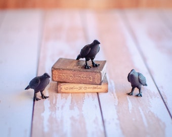 Handmade Miniature Ravens, Mini Set of 2 or 3 Halloween Crows, Style 1