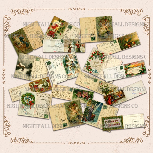 Miniature Vintage Christmas Postcards, DIGITAL DOWNLOAD, Mini Printable Old Fashioned Post Cards, Set of 28 Actual Post Cards, Early 1900s