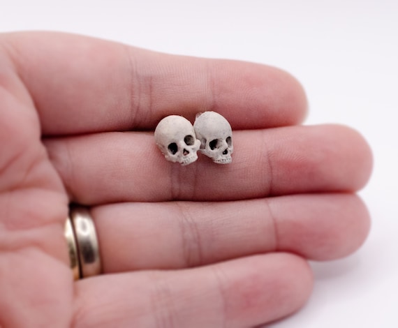 Super Tiny Realistic Human Skull Handmade Earring Studs, Gothic Horror Spooky Jewelry