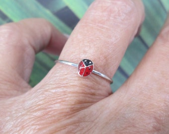 May include: A silver ring with a small red and black ladybug charm.