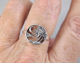 Palm Tree and Crescent Moon ring>925 Sterling Palm Tree ring,Sterling Crescent Moon ring,Coconut Palm Tree,Hawaii Island Ring,Vacation Ring