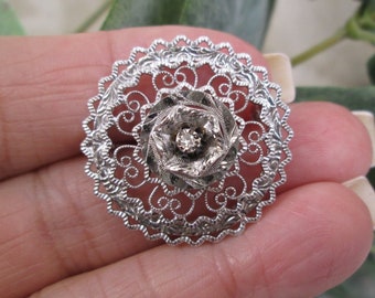 Genuine Diamond Sterling Brooch>Sterling Silver Diamond Brooch/Pin,Round Sterling Pin,Filigree Brooch,,Vintage Genuine Diamond brooch