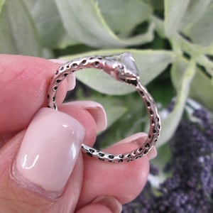 May include: A silver snake ring with a textured finish. The snake's head is raised and the ring is open at the back.
