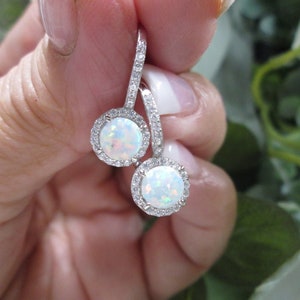 White Opal Halo French Wire Earrings>Sparkling Simulated Diamonds>925 Sterling Silver>Opal Earrings, 925 Sterling Earrings,925 Opal Earrings