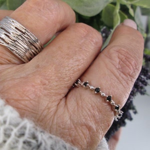 Black&quot;Diamond&quot;Eternity Band&gt;Black Diamond Thin Band,925 Sterling Silver Black CZ Band,Stacking Ring,Dainty,Wedding,Anniversary,Non Tarnish