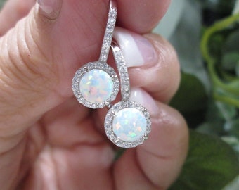 White Opal Halo French Wire Earrings>Sparkling Simulated Diamonds>925 Sterling Silver>Opal Earrings, 925 Sterling Earrings,925 Opal Earrings