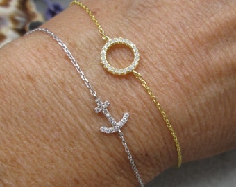 Dainty Chain Bracelet>925 Sterling Minimalist Gold Circle OR Silver Anchor Bracelet,Pave' CZ Bracelets,Stackable Bracelets