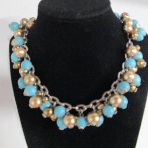 Faux Turquoise & Pearl Dangly Necklace&gt;Chunky Turquoise Necklace,Turquoise Collar,Fun jewelry,Adjustable Length&gt;Vintage,New old stock