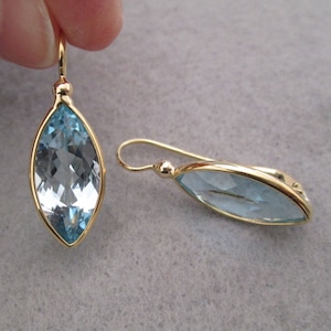 Solid 18kt.Gold Earrings&gt;Genuine BLUE TOPAZ Earrings&gt;18kt.Gold Blue Topaz Earrings,18kt.Birthstone Earrings,Topaz Drop Earrings,18kt,Gold