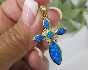 Gold OPAL CROSS Pendant>14kt.gold over Sterling Silver Opal Cross,Simulated Diamond Cross,Gold Cross,Blue Opal Pendant,Religious,Opal Cross
