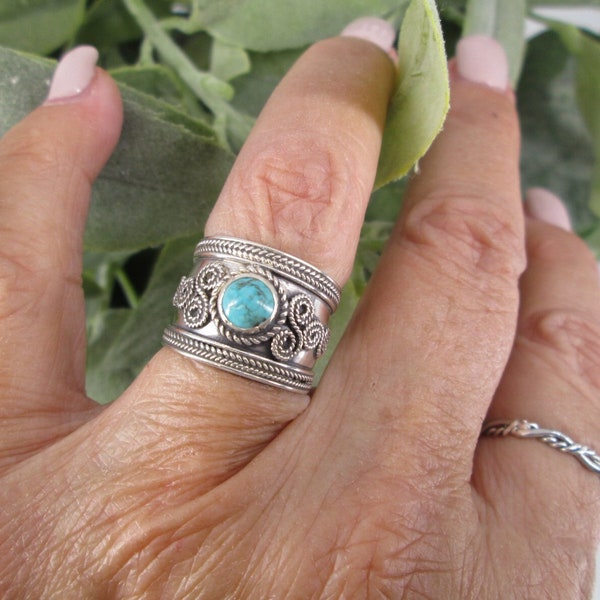 Wide TURQUOISE Band Ring>925 Sterling Silver Bali Cigar Band,925 Sterling ring,Wide Band,Tribal Ring,Cigar Band,Bohemian Silver Ring