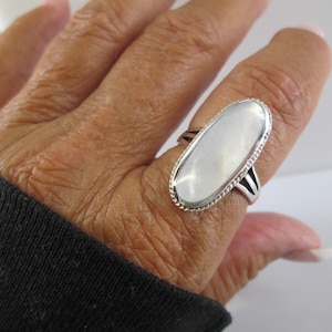 Gorgeous Long 925 Mother of Pearl Ring&gt;Genuine Mother of Pearl Ring,Sterling Silver Ring,White Shell ring,925 rings,Southwestern,Beachy,Fun