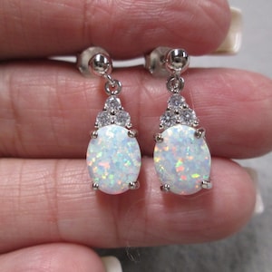 White Opal Drop Earrings> 925 Sterling Silver & Simulated Diamond earrings>Large Opal earrings,Wedding, Cocktail, Evening, Everyday, Glamour