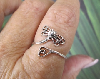 Sterling Silver DRAGONFLY and HEART Ring>Intricate Dragonfly Ring,Heart Ring,Adjustable ring,Dainty Silver ring,Dragonflies,Sterling ring