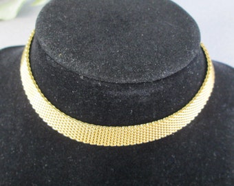 GOLD Metal Choker Necklace Wide Party Big Statement Collier Thick Mesh Vintage 