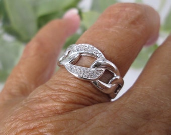 Sterling Silver CHAIN LINK Ring with CZ's>925 Chain Link Ring,Cz band,Chain Link Designer Ring,Wedding Band,Friendship Ring,Thumb Band