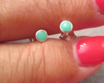 May include: A pair of silver stud earrings with small turquoise blue stones.
