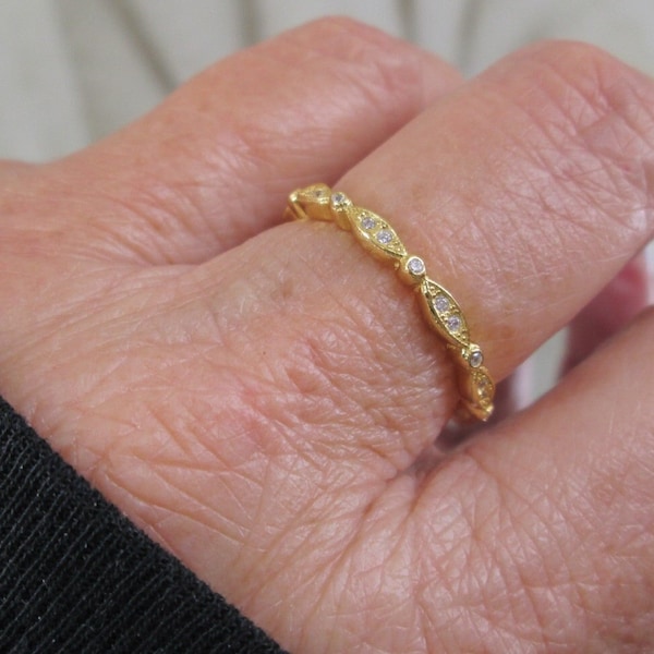Dainty Gold Eternity Band>14kt.gold Over Sterling Eternity Band>Sparkling Simulated Diamonds>Gold Eternity ring,Wedding,Narrow Band