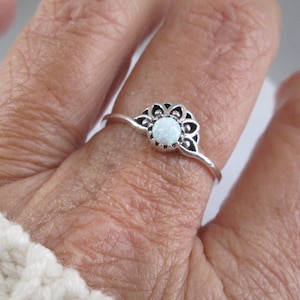 Dainty Opal ring&gt;Sterling Silver White Opal ring,Opal Mandala Ring,Opal Lotus Flower ring,Opal Jewelry,Pinky ring,Children&#39;s ring,Thumb ring