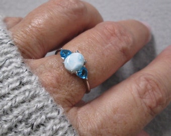 Larimar ring>Oval Cut Natural LARIMAR 925 Sterling Ring with Heart Shaped Blue Topaz>Larimar ring,925 sterling Blue Topaz ring,925 ring