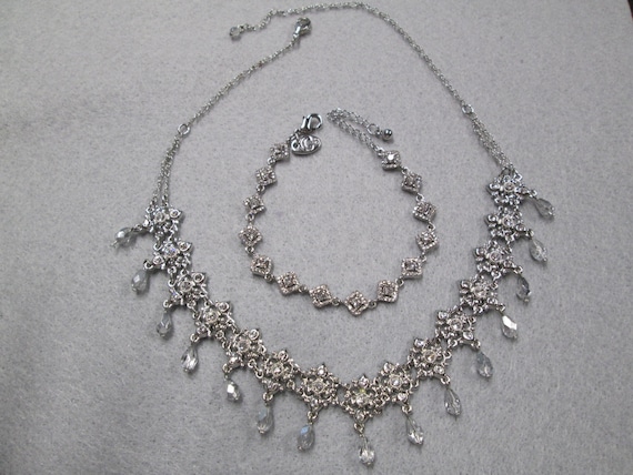 Vintage Silver Rhinestone Necklace & Bracelet Set> Rhinestone jewelry, Jewelry Set, Silver necklace, Silver Bracelet, Choker,CZ jewelry,Gift