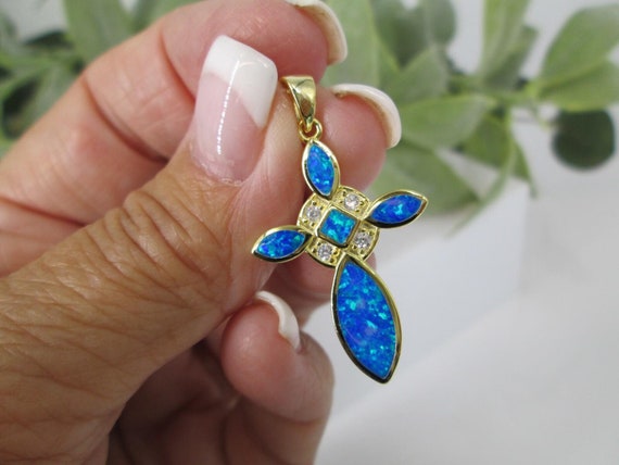 Gold OPAL CROSS Pendant>14kt.gold over Sterling Silver Opal Cross,Simulated Diamond Cross,Gold Cross,Blue Opal Pendant,Religious,Opal Cross