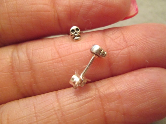 Sterling SKULL Stud Earrings>Tiny 925 Sterling st… - image 3