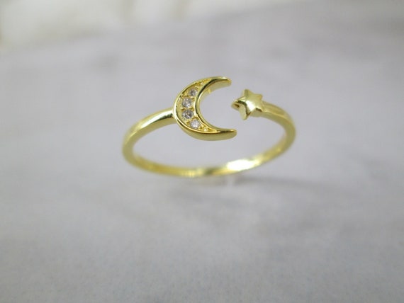 Gold Celestial Moon/Star Ring>Dainty 14kt.gold Ov… - image 1