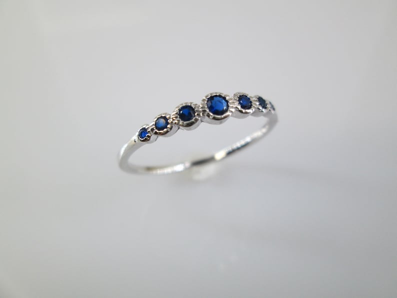 Pu&ograve; includere: Un anello d'argento con una fila di sette piccole pietre blu rotonde.