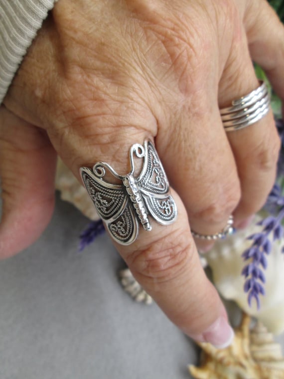 Vintage Flower Butterfly Engraved Wide Band Vintage Sterling Silver Flower Butterfly Ring | Wide Band Boho Jewelry Size 6-10 Vintage Engraved Wide Band Ring Boho