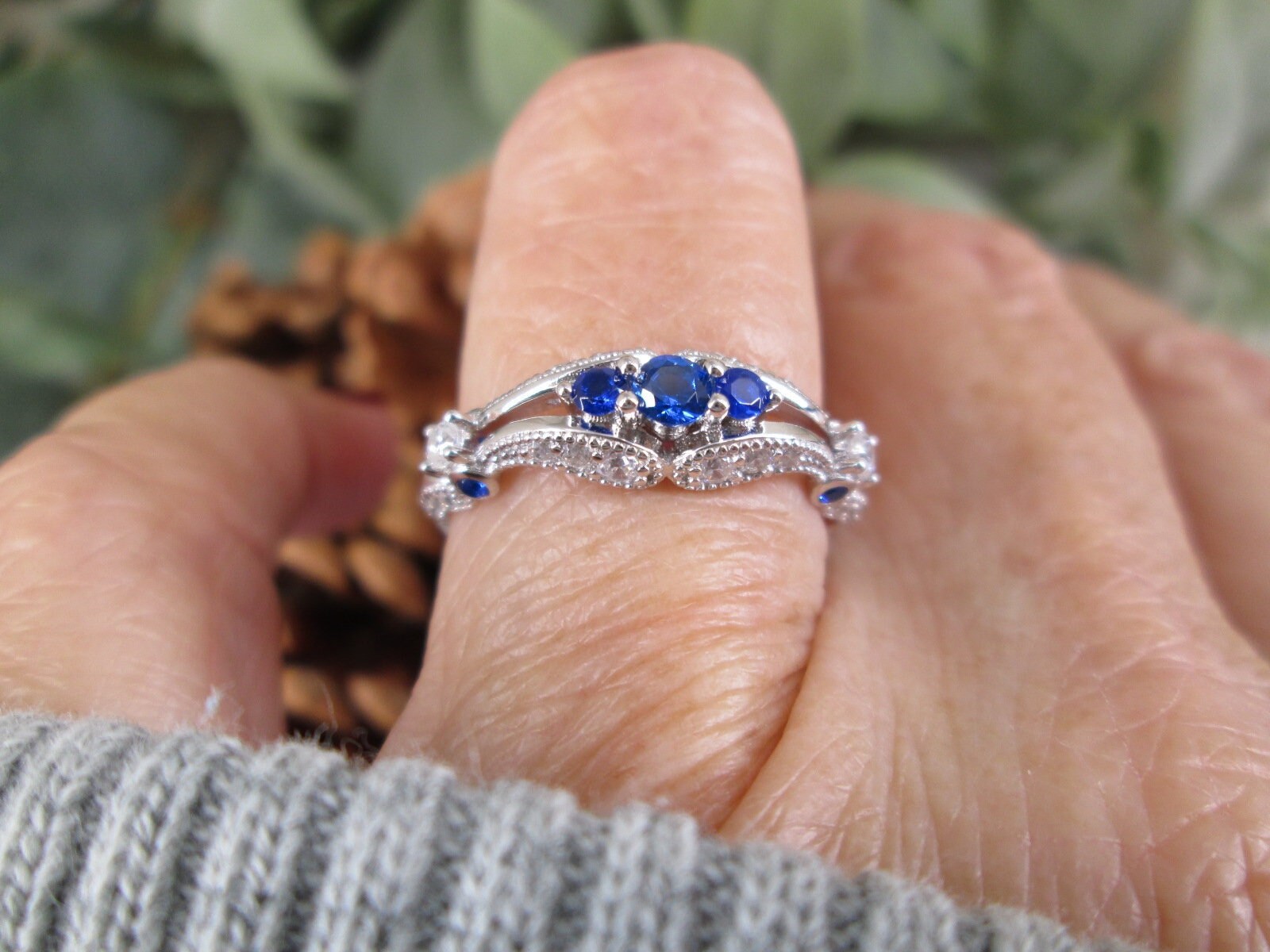 Blue Simulated Sapphire Twist Ring - Sterling Silver Micro Pave Band, Sizes 5-10 - View #9