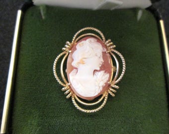 May include: A gold-toned cameo brooch with a white cameo of a woman's profile set in a red shell. The cameo is surrounded by a delicate gold-toned rope design.