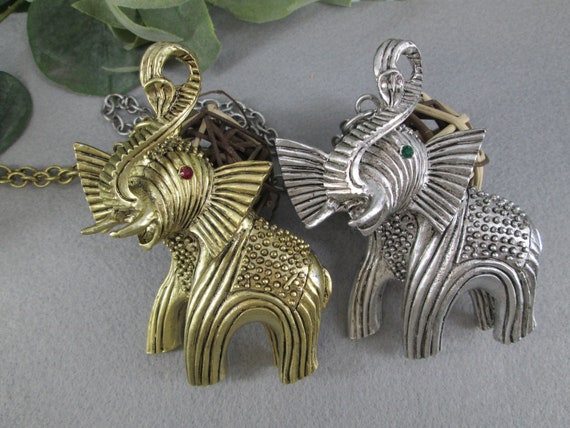 ELEPHANT Necklace>Gold or Silver Large Vintage Tibetan Elephant Necklace,Elephant Jewelry,Elephant, Lucky, Good Luck, Chunky Necklace,Exotic